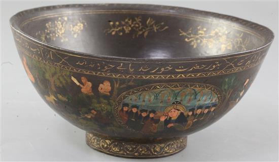 A Persian painted papier mache bowl, 19th century, diameter 23cm